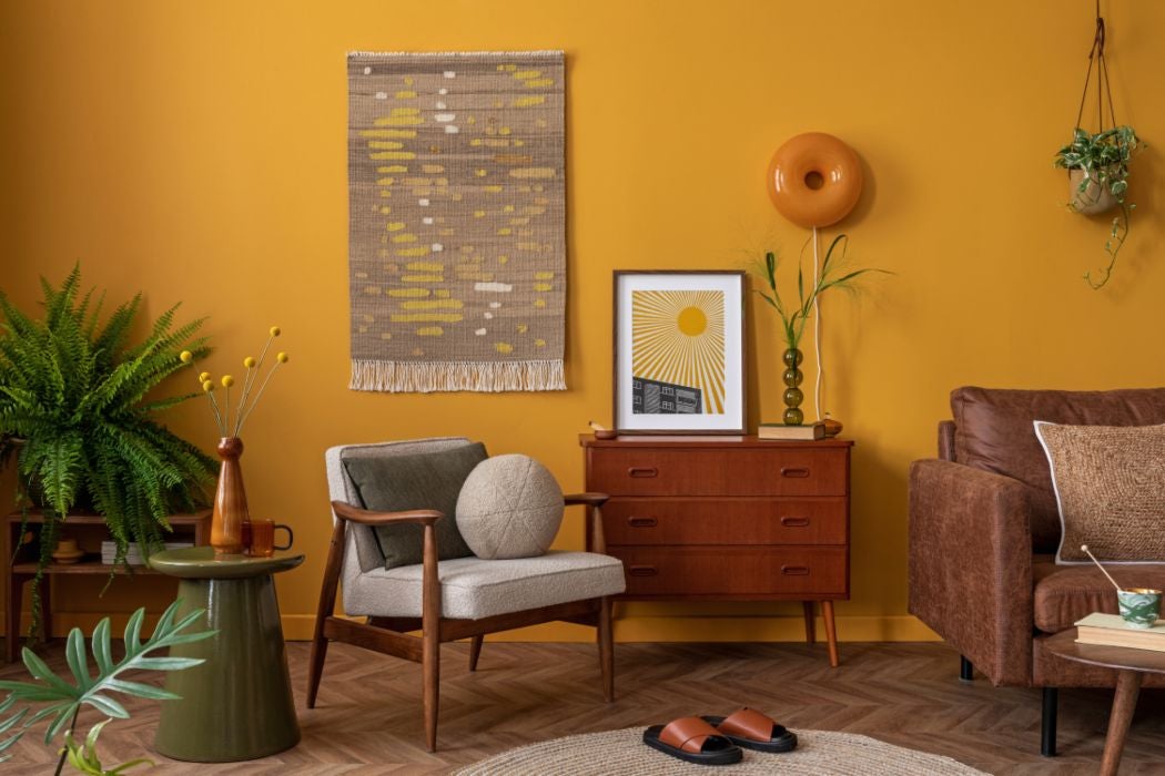 Living Area with Brown Colored Furniture and Yellow Walls in Toronto, ON