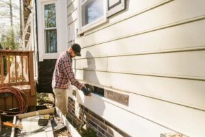 A man is installing siding on a house, focused on his work with tools and materials around him.