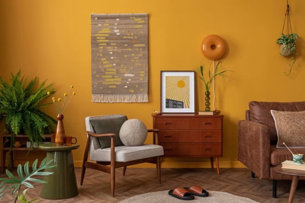 A living room featuring yellow walls and brown furniture.