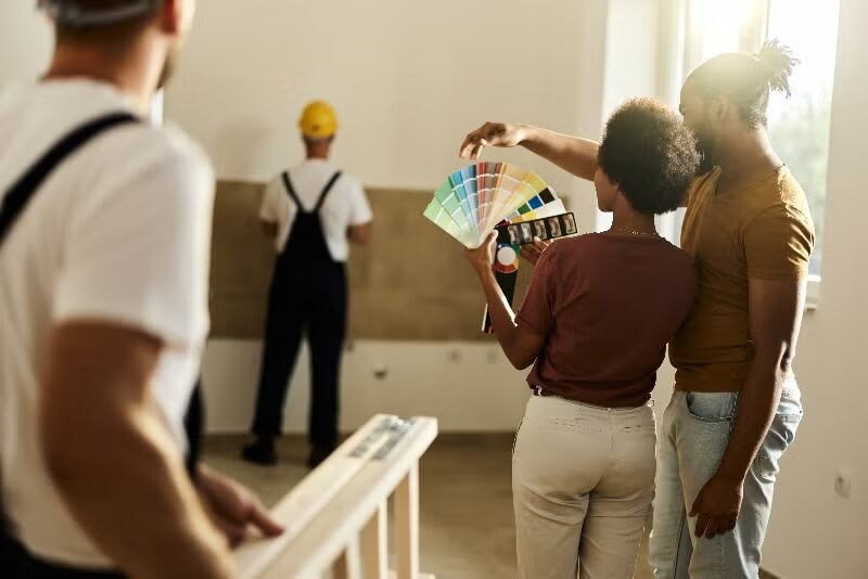 A couple examines paint samples while standing in a brightly lit room filled with color swatches.