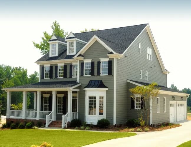 A gray house featuring black trim and white siding, showcasing a modern architectural style.